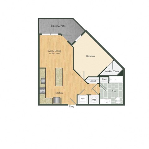 Floor plan for 1 bed, 1 bath, 689 sqft